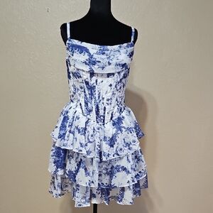 Floral Blue and White Ruffle Dress